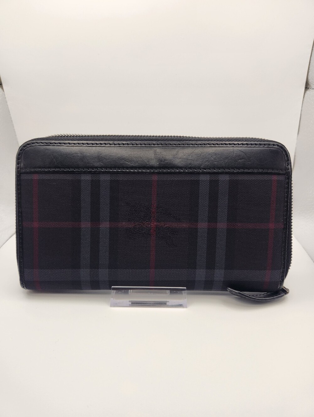Burberry Black Leather Haymarket Zip Around Wallet